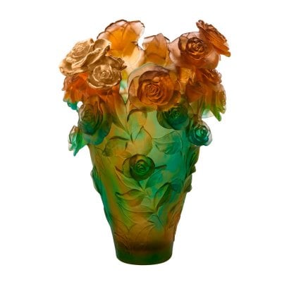 Vase-Magnum-vert-orange-bouquet-or-Daum