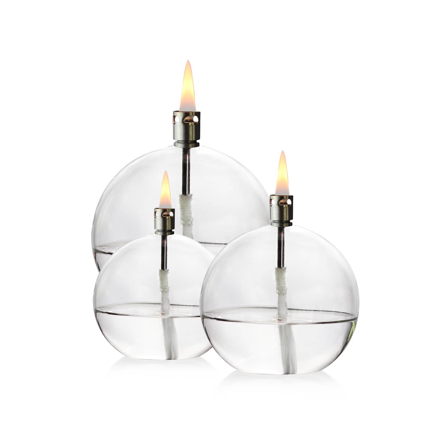 Trio de lampes à huile Sphère verre +1L huile
