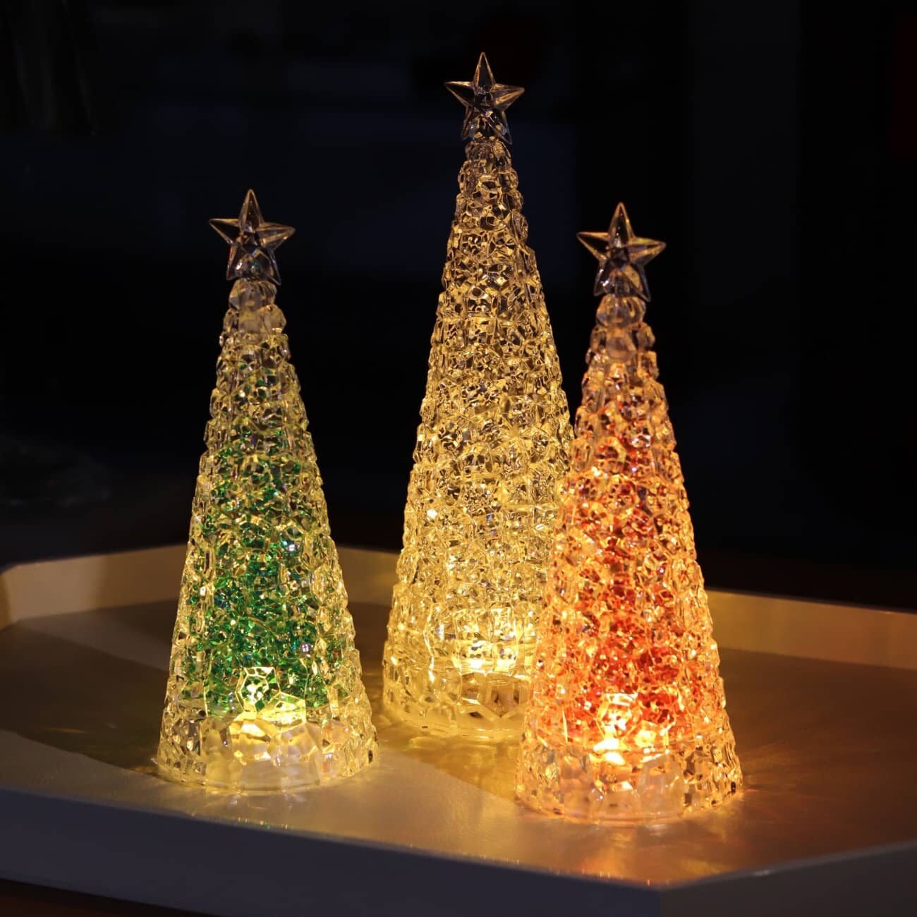Set of 3 acrylic light-up Christmas trees (large white and small green and red) 2 coffret sapin lumineux vessiere 1